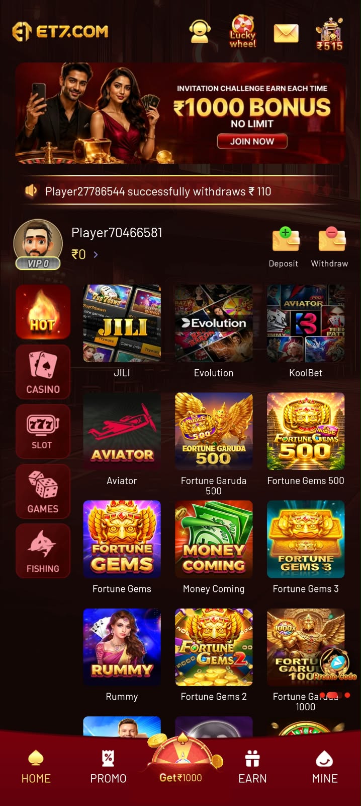 ET7 Game homepage with casino slots and gaming options
