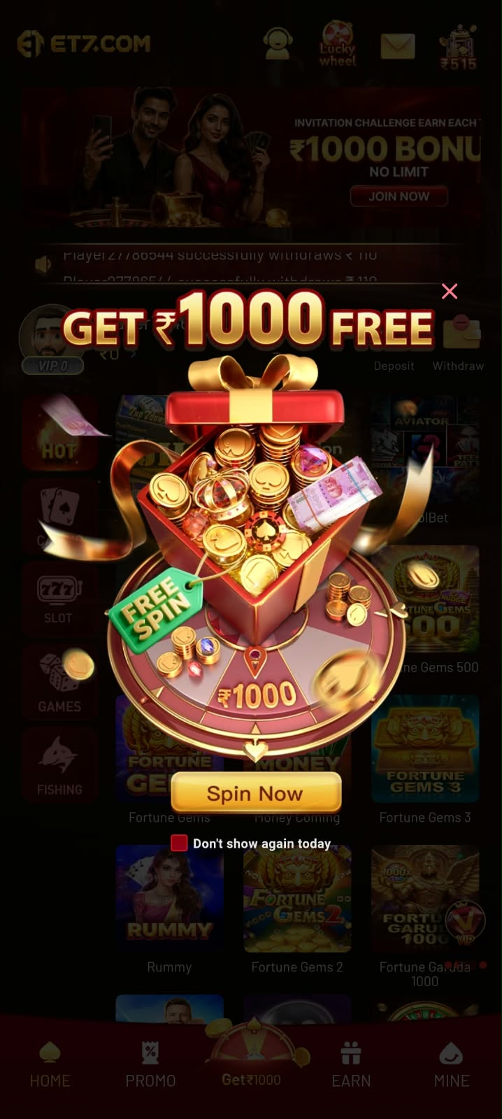 ET7 Game free bonus and spin reward