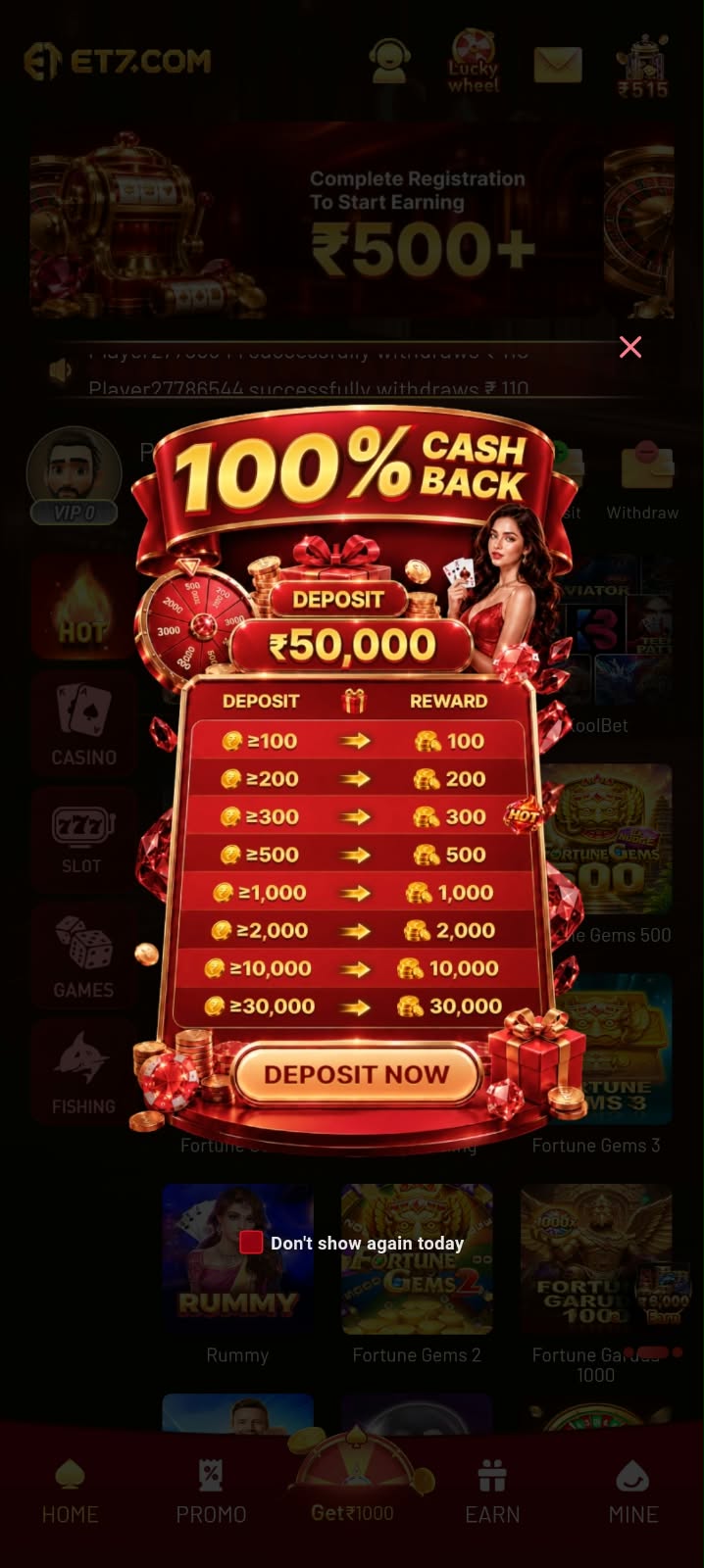 ET7 Game 100% cash back deposit bonus